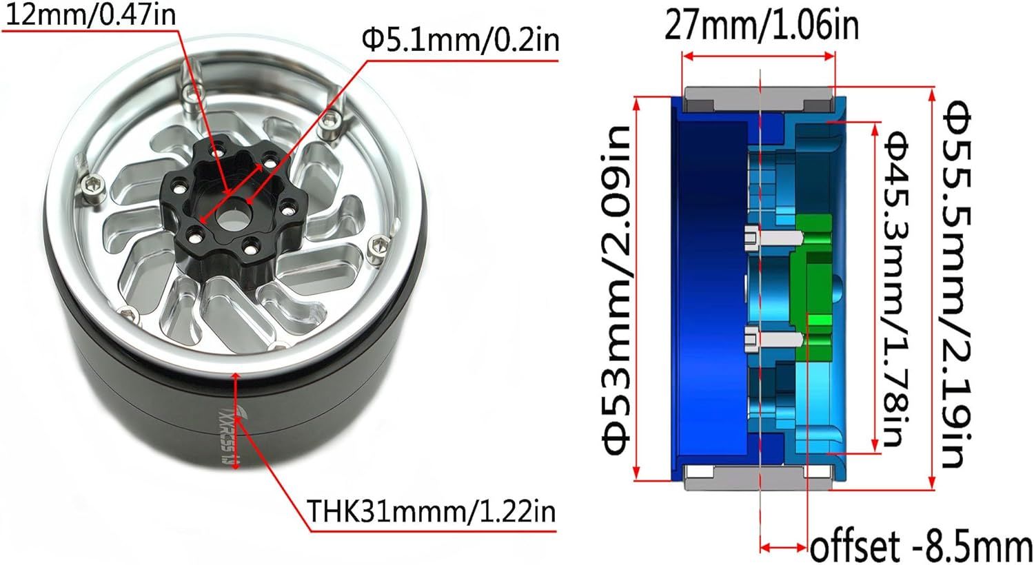 TxxRcss RC 1.9 Inch Beadlock Wheels Offsets -8.5mm Rims Hex 12mm Aluminum Wheel for 1/10 RC Crawler