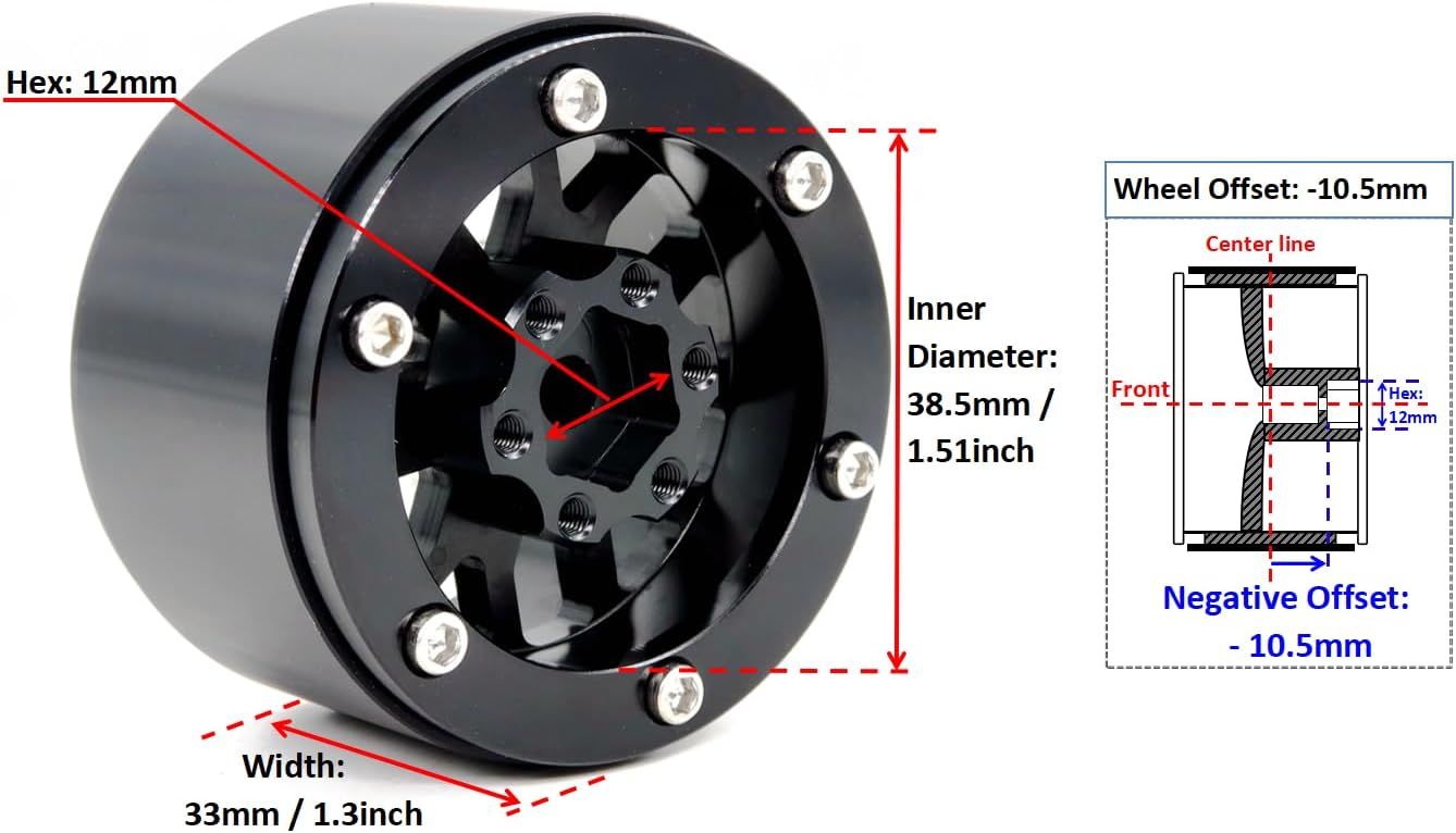 HOBBYSOUL 4pcs 1.9 Beadlock Wheels -10.5mm Negative Offset Rims 33mm Wide for RC 1/10 Crawler