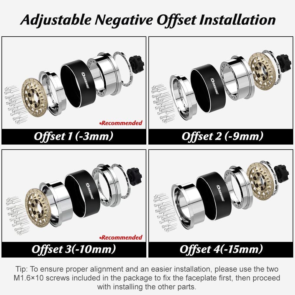 DashRC RC 1.9 Beadlock Wheels, Aluminum Alloy Adjustable Negative Offset Rims for 1/10 RC Crawlers, Anodized Center