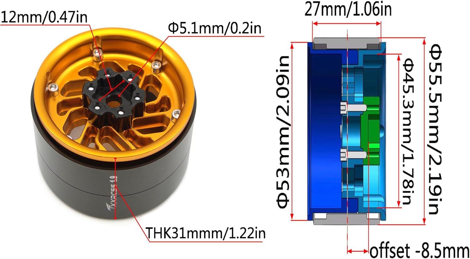 TxxRcss RC 1.9 Inch Beadlock Wheels Offsets -8.5mm Rims Hex 12mm Aluminum Wheel for 1/10 RC Crawler, Bronze/Black