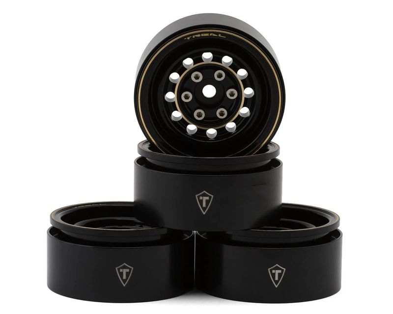 Treal Hobby 12-Hole 1.9" Brass Beadlock Crawler Wheels (Black/Gold) (4) (257g ea)
