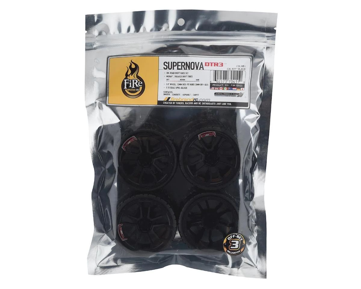 Firebrand RC Supernova DTR3 2.2 Pre-Mounted On-Road Tires (4) (Black) w/Moray Tires, 12mm Hex &amp; 3mm Offset