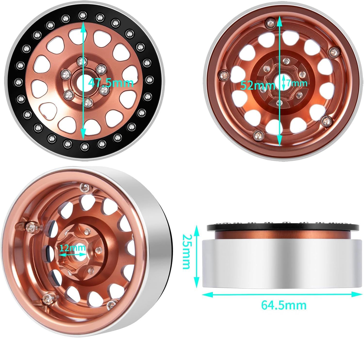 Upgrade 2.2 Inch D-slot Aluminum Bead lock Rims, (Narrow 25mm Width) for 1/10 Scale RC Crawler, 4 PCS,  Copper Finish