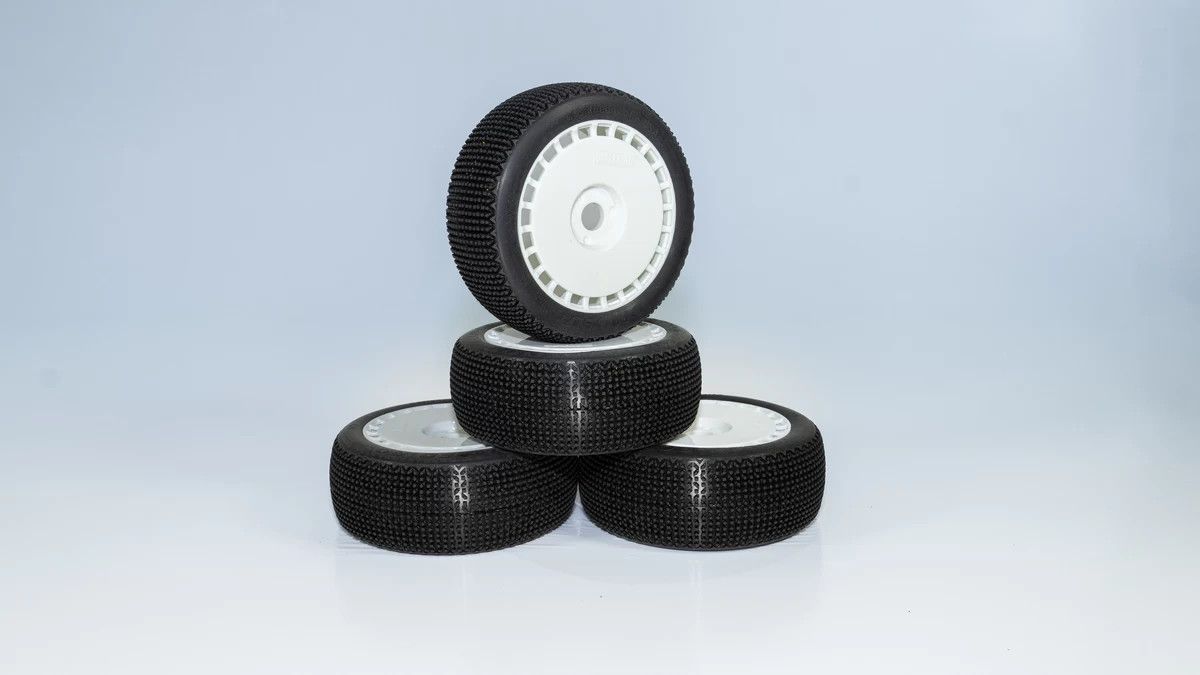 V1 SLW Pre-Glued (White) (4) DIALED-RC V1 Soft Long Wear 1/8 Buggy Tires Pre-Glued (Pre-mounted) (White Spoke) (4)