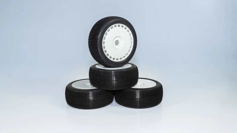 V1 SLW Pre-Glued (White) (4) DIALED-RC V1 Soft Long Wear 1/8 Buggy Tires Pre-Glued (Pre-mounted) (White Spoke) (4)