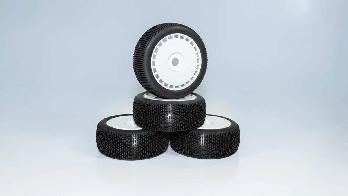 V7 SSLW Pre-Glued (White) (4) DIALED-RC V7 Super Soft Long Wear 1/8 Buggy Tires Pre-Glued (Pre-mounted) (White Spoke) (4)