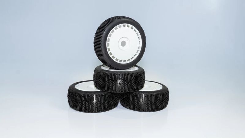 V7 SSLW Pre-Glued (White) (4) DIALED-RC V7 Super Soft Long Wear 1/8 Buggy Tires Pre-Glued (Pre-mounted) (White Spoke) (4)