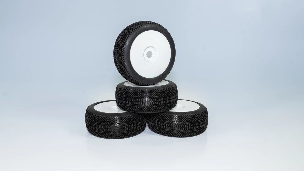 V3 SSLW - White Dish Wheels (4) DIALED-RC V3 Super Soft Long Wear 1/8 Buggy Tire Combo With Inserts and White Cobra Dish Wheels (Unglued)