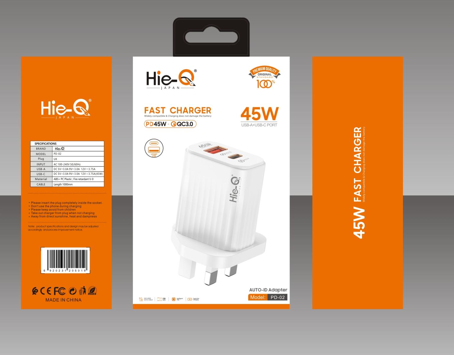 HIE-Q PD-04 45W Fast Charger | QC3.0 USB Port & PD 3.0 Type-C Port | Super Fast Charging for All Devices