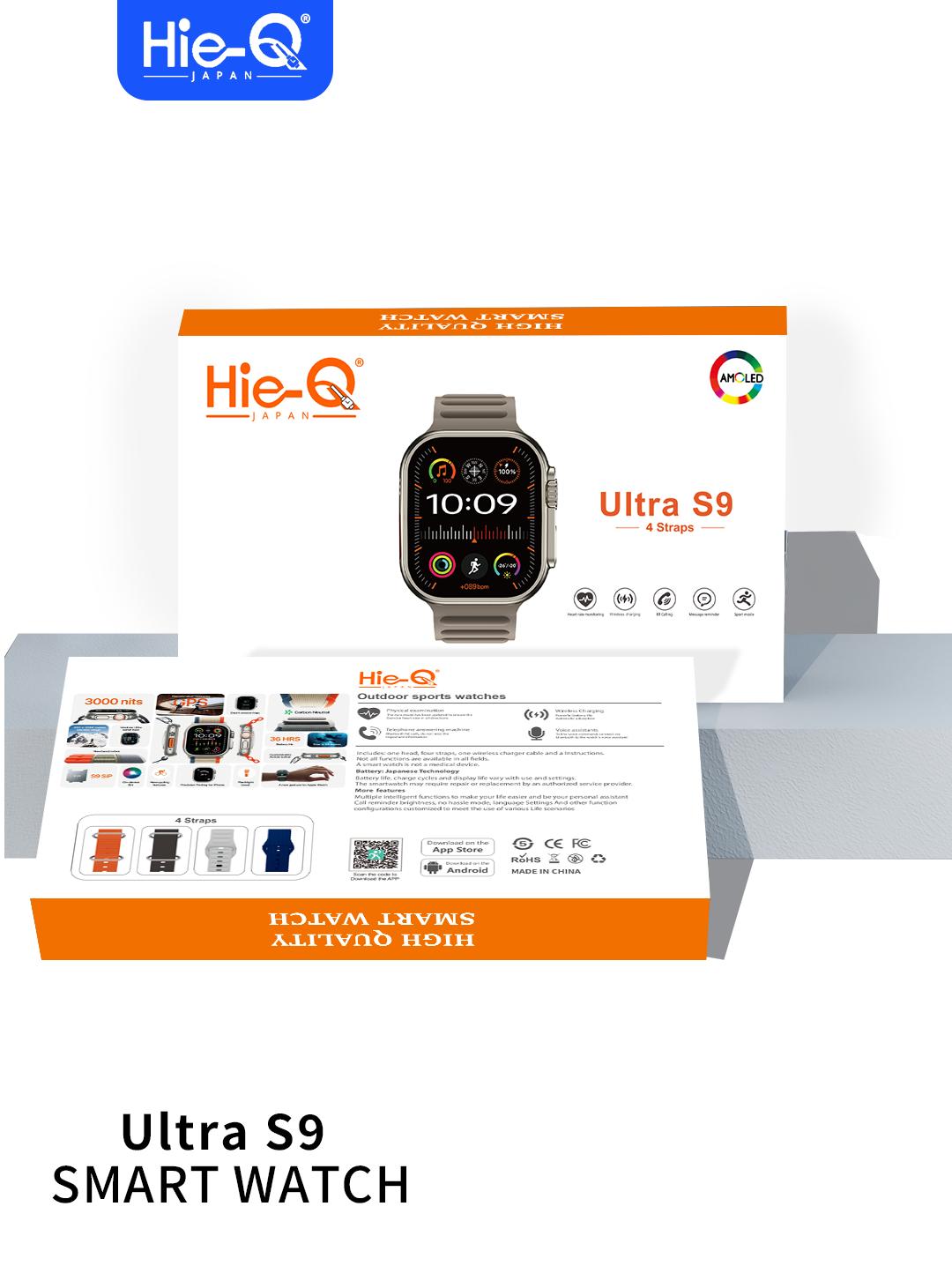 HIE-Q ULTRA S9 Smart Watch | 2.20 Full Screen | Wireless Charging | Bluetooth Calling | Heart Monitoring | 4 Belt Straps | Message Notifications