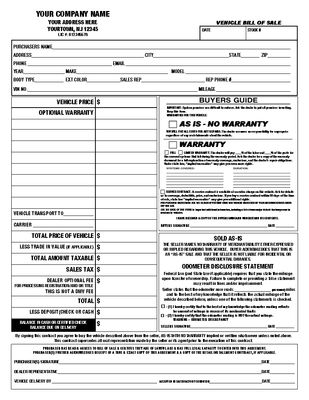 VEHICLE BILL OF SALE 2 or 3 Part NCR