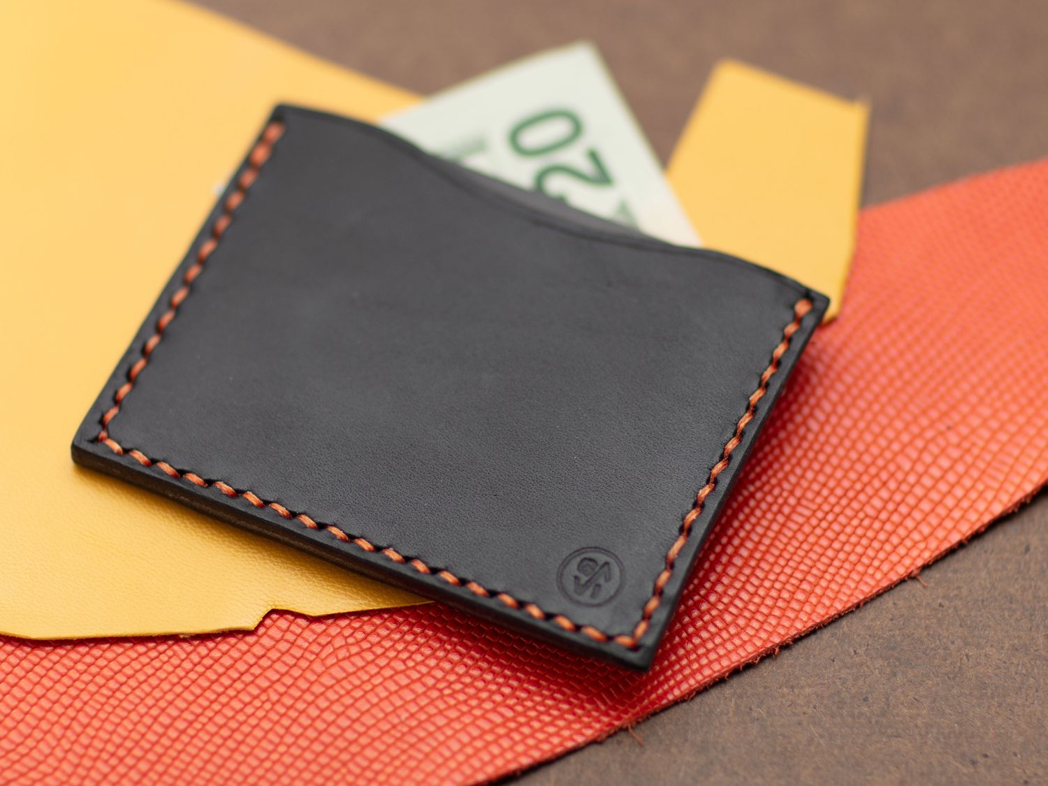 Slims Mini Wallet - Handcrafted Natural Leather Black/Orange Stitches