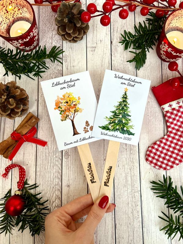 Bäume am Stiel | Das nachhaltigste Weihnachtsgeschenk | Weihnachtsbaum für 2030 oder Duftender Lebkuchenbaum