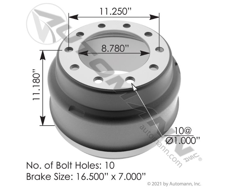 Brake Drum - Automann - 3757X - 16.500in X 7.000in / 66353B / 3647X / 3757X/ 54213-0