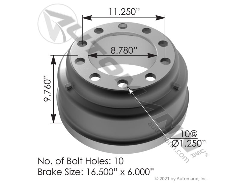 Brake Drum - Automann - 3687X - 16.500in X 6.000in /  65152B /3687X / 54248-018/ 85-123399-002