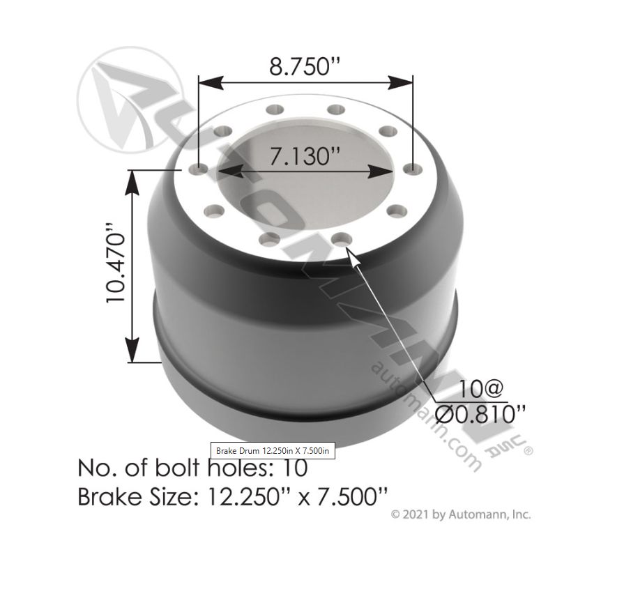 Brake Drum 12.250in X 7.500in /151.27503 / 63631F, 3557, 53039-01, 009-040-01