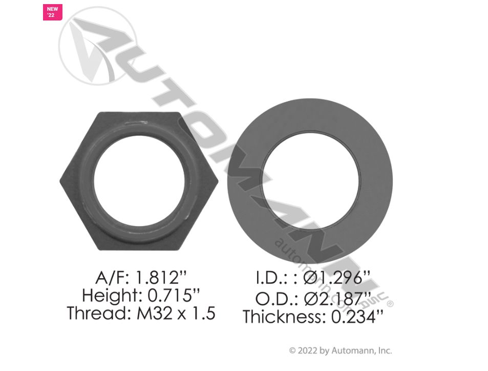 Pinion Lock Nut Kit Meritor A/F :1.812 Height :0.715 Thread:M32  x 1.5   ID:0.1.296  O.D 02.187 Thrick :0.234 /750.KT2636 /40X1025, KIT2636