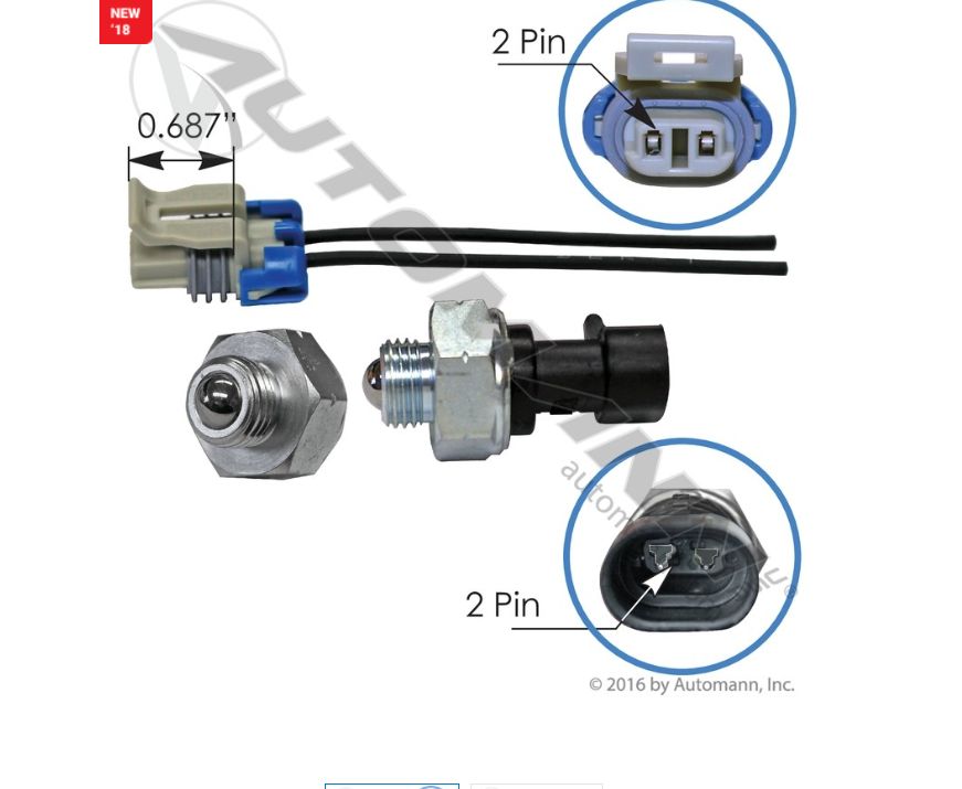 Back-Up Light Switch IHC 2 Male Pins, 9/16in-18 Thd with Retractable Ball x 1.82in Length and 7/8in W.A.F. 70 PSI Volvo/White VNL 670 Gen 2 (2004-2018)/577.55525 /1699216C91