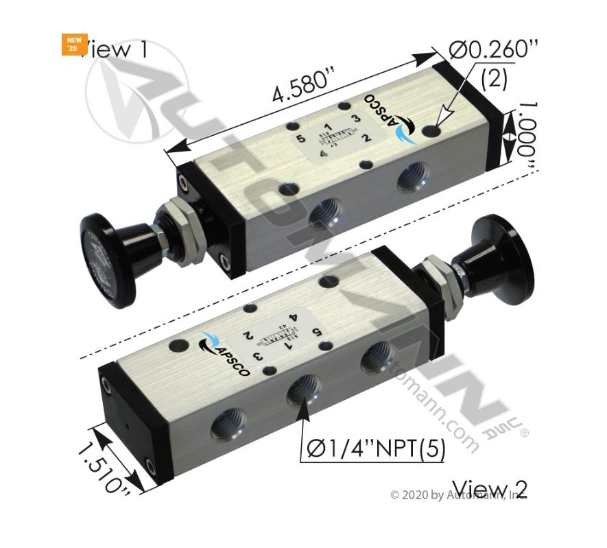 Push Pull Valve 4 Way APSCO 4 Way 3 Position Push Pull w/Neutral Center Position 1/4in NPT/170.VX4NAP /BAV020, VX4N
