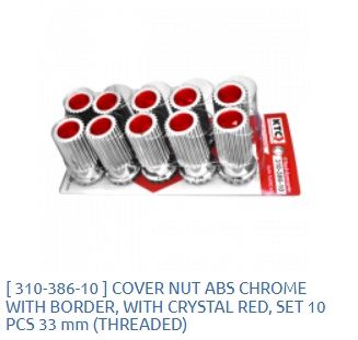 COVER NUT ABS CHROME  WITH BORDER,  WITH CRYSTAL RED, SET 10  PCS 33 mm  (THREADED) / 310-386-10