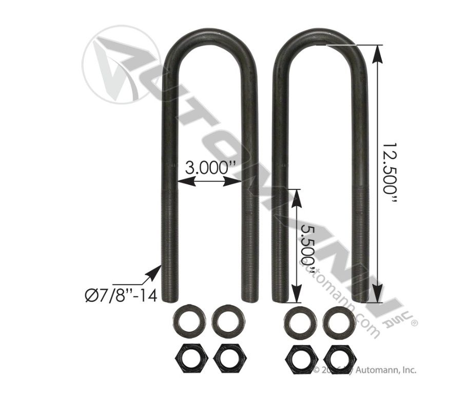 U Bolt Kit 7/8in X 3in X 12-1/2in  / AUBK8161-124 / GD3RD12LGKIT, UXA000046916, 0849401, 210