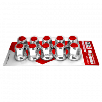 COVER NUT CHROMED METAL FLAT TIP WITH BORDER, RED (PUSH ON) - KTC -P/N 310-318-10