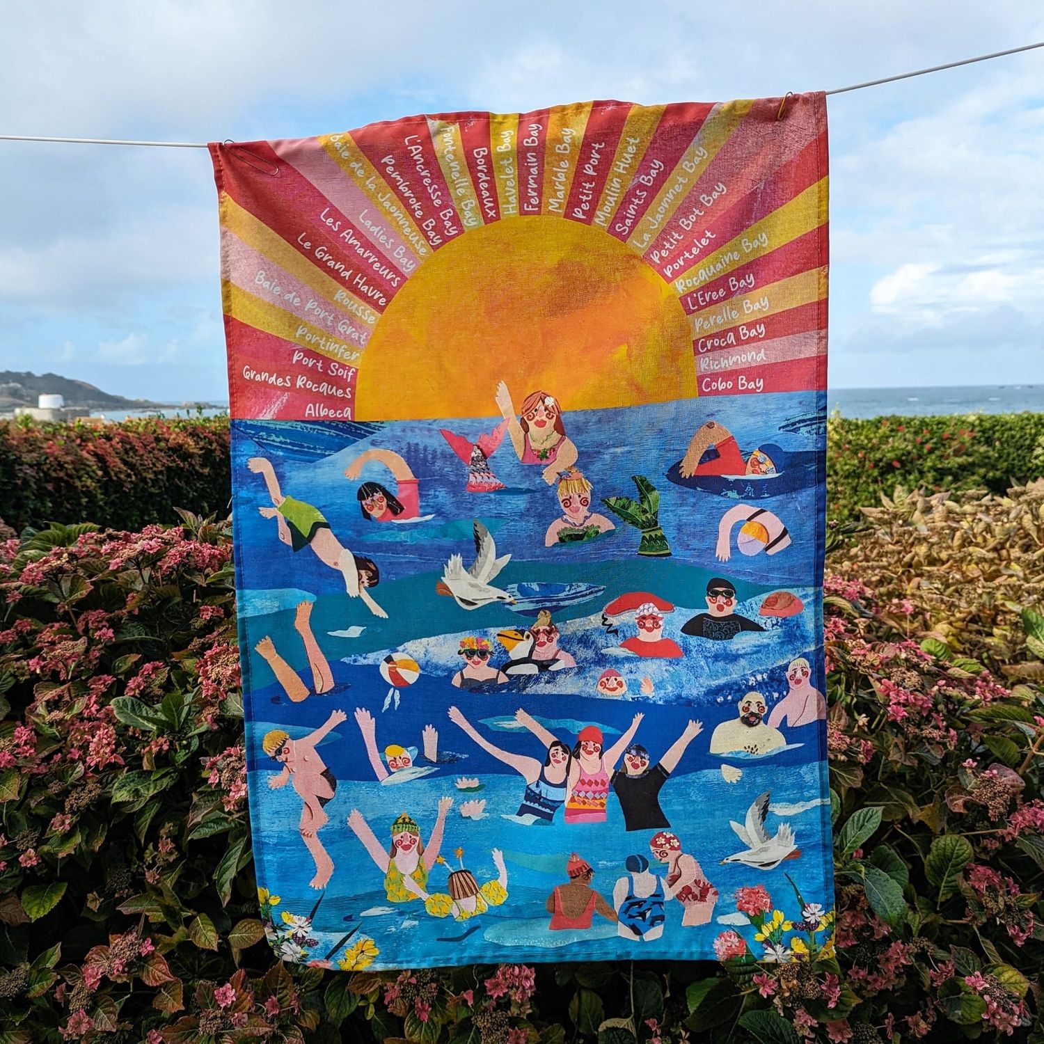 Tea Towels by Ellie Atkinson, Style: New Swimmer with Sunset