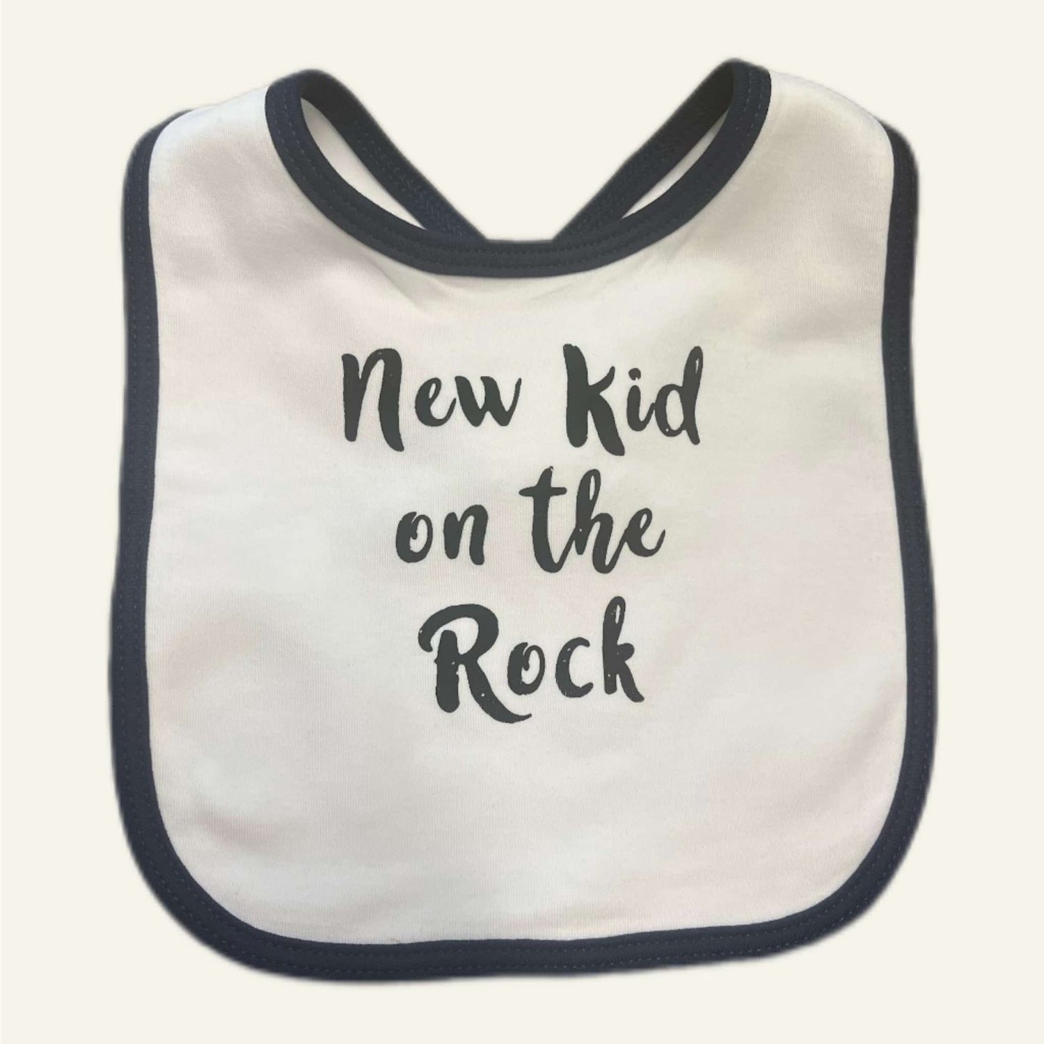 My Guernsey Bib, Colour: White/Navy, Design: New Kid on the Rock