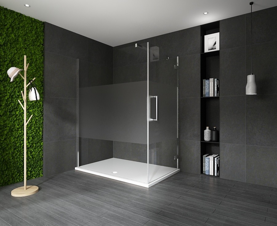 COIN DE DOUCHE 80X90X200CM PAROI 2076 + PORTE VITRA-CHROME-2090 TRANSP / BANDE OPAQUE