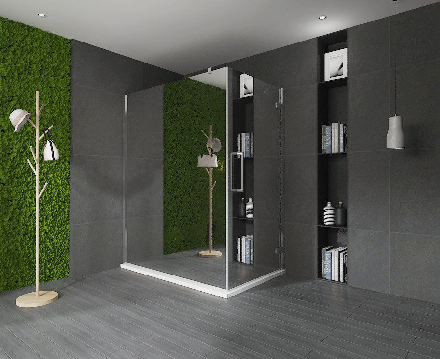 COIN DE DOUCHE 80X90X200CM PAROI 5076 + PORTE VITRA-CHROME-5090 REFLET ( EFFET MIROIR )
