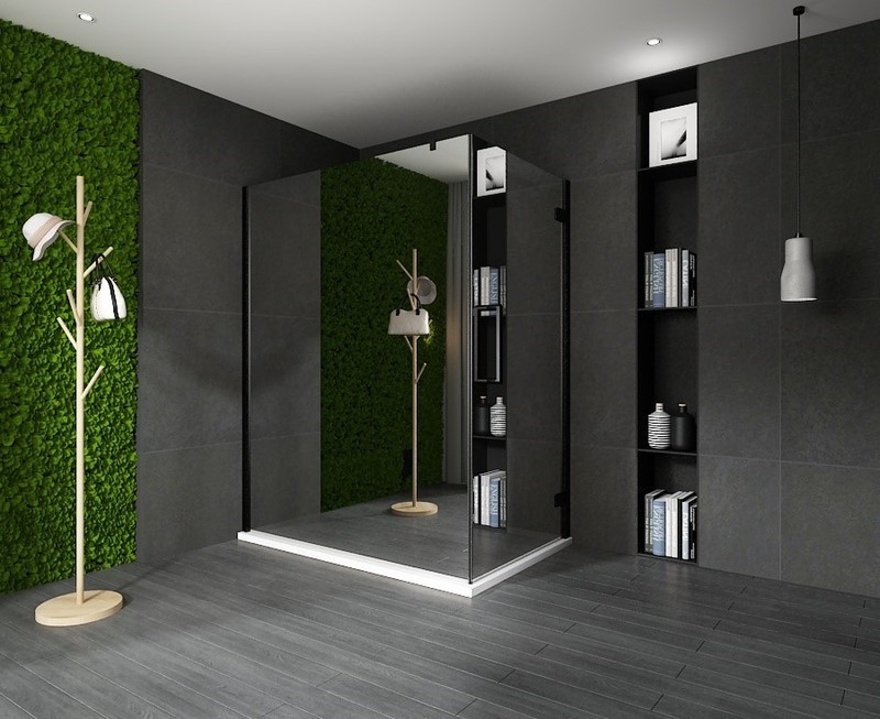 COIN DE DOUCHE 80X90X200CM PAROI 5076 + PORTE VITRA-BLACK-5090 REFLET ( EFFET MIROIR )