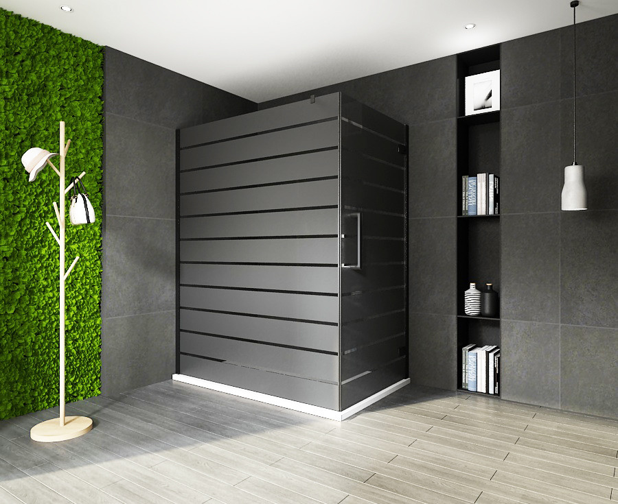 COIN DE DOUCHE 90X90X200CM PAROI 7086 + PORTE VITRA-BLACK-7090 STRIPE GRIS
