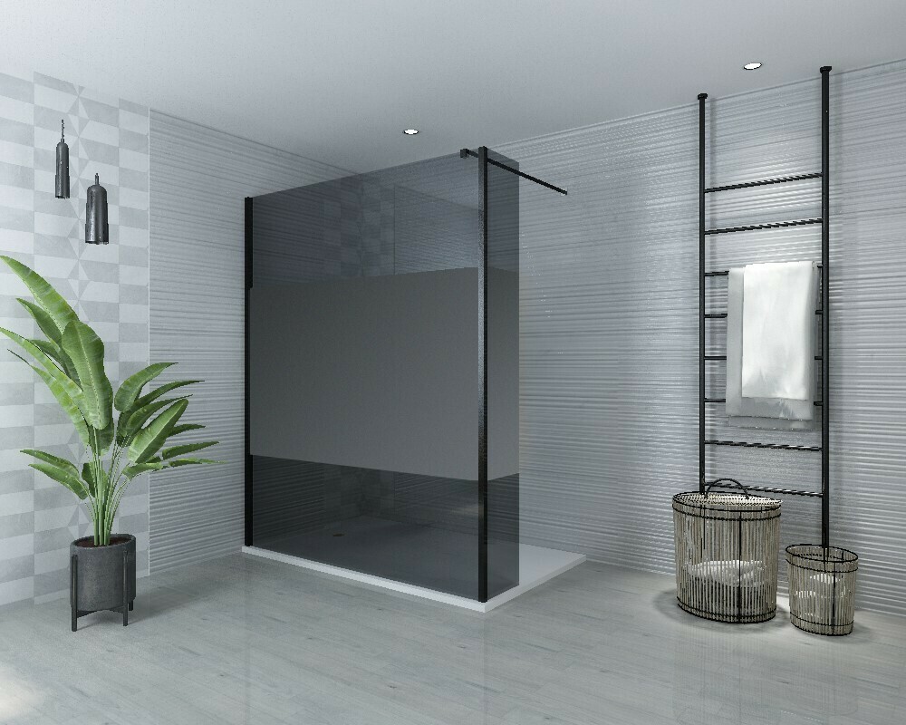 PAROI DE DOUCHE VERSION D&#39;ANGLE OUVERTE 100CM VERRE GRIS / BANDE OPAQUE VITRA-4096 AVEC PANNEAU LATERAL PIVOTANT VITRA-4041