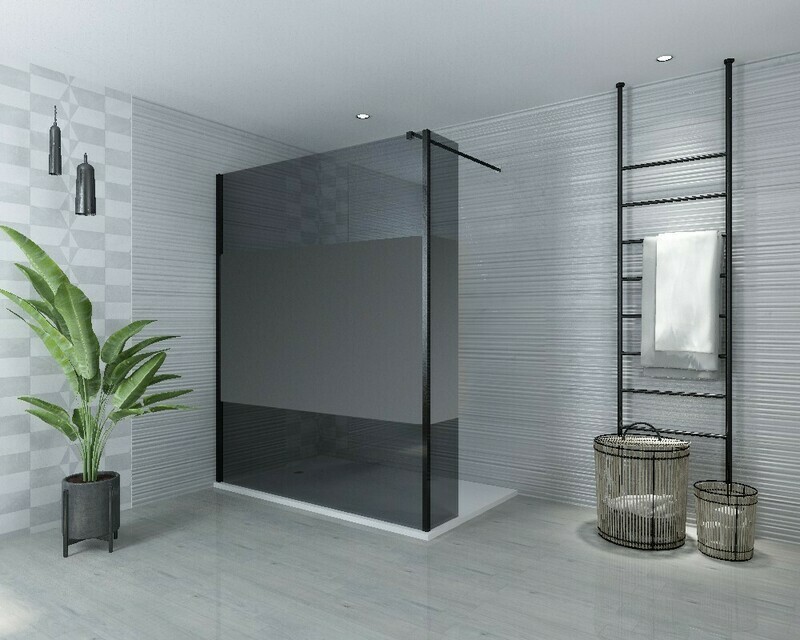 PAROI DE DOUCHE VERSION D&#39;ANGLE OUVERTE 80CM VERRE GRIS / BANDE OPAQUE VITRA-4076 AVEC PANNEAU LATERAL FIXE VITRA-4028