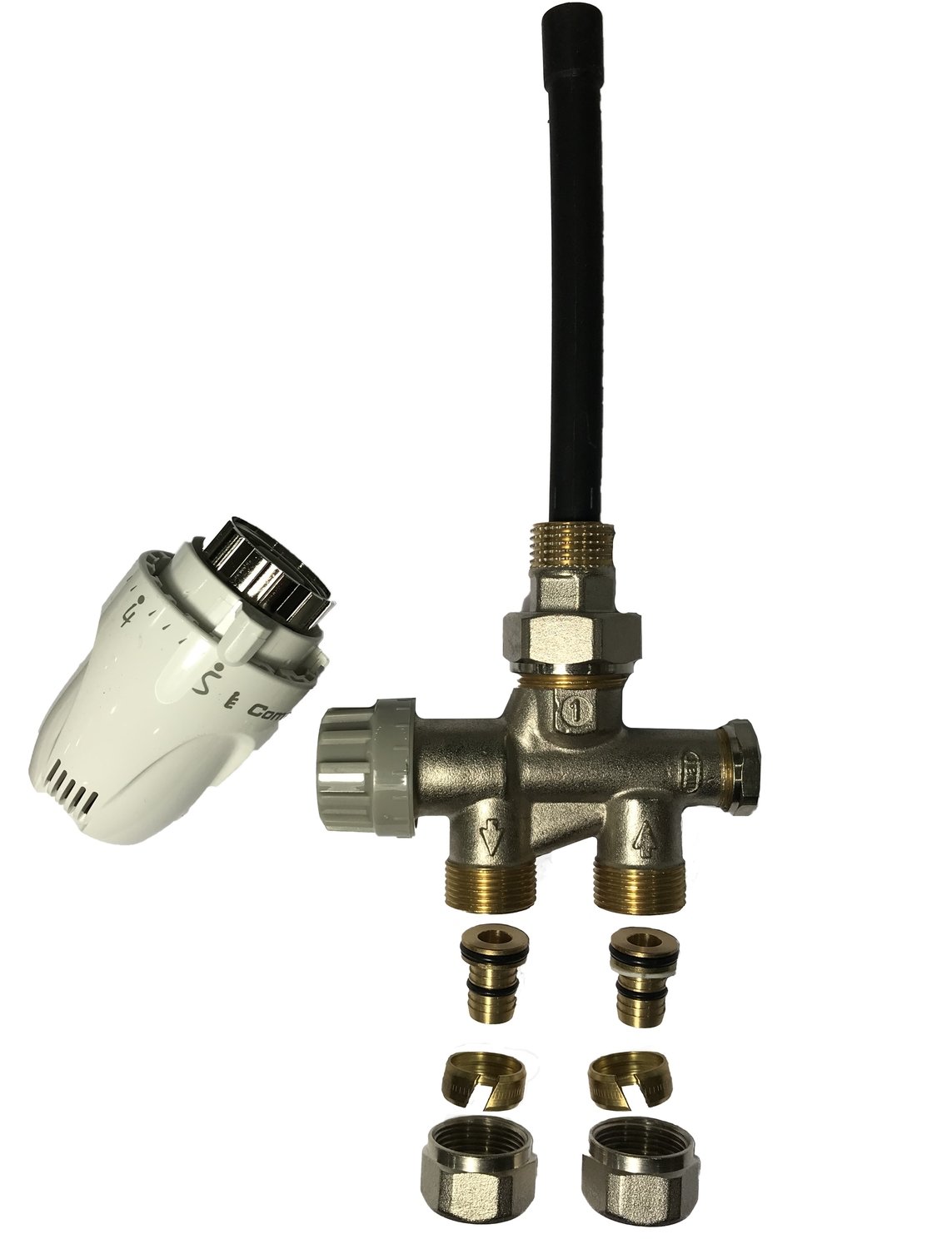 KIT VANNE THERMOS. BITUBE POUR SECHE SERVIETTE : TETE THERMOS. M28 W5 COMAP + VANNE DROIT BITUBE  + 2X RACCORD M22-16.
