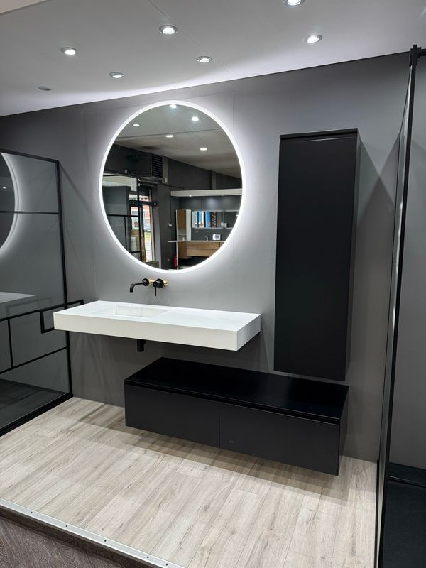 MEUBLE SALLE DE BAIN ELEGANCE MONA 1400 + VASQUE STRADA 1400 GAUCHE SOLID SURFACE