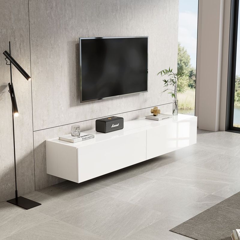 Meuble TV suspendu Mona 180 cm - Blanc Brillant - Réf: Mona-1800GW Glossy White