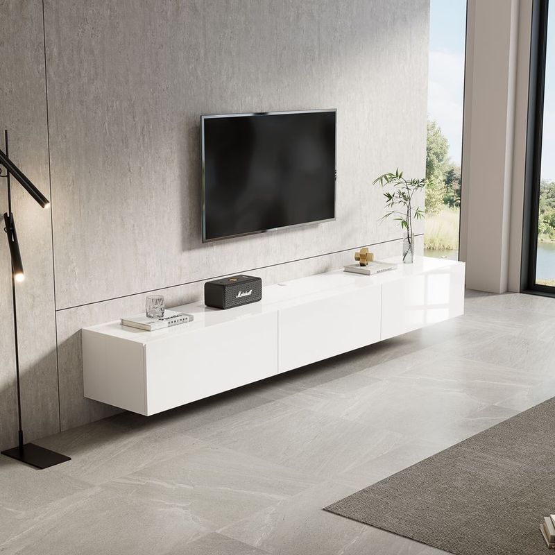 Meuble TV suspendu Mona 240 cm - Blanc Brillant - Réf: Mona-2400GW Glossy White