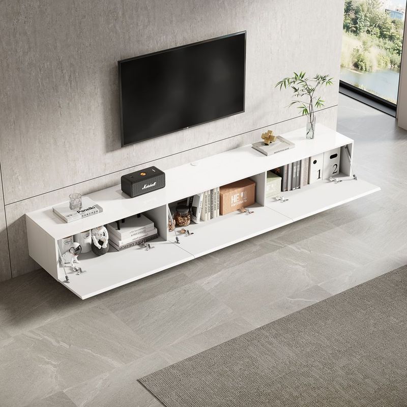 Meuble TV suspendu Mona 240 cm - Blanc Brillant - Réf: Mona-2400GW Glossy White