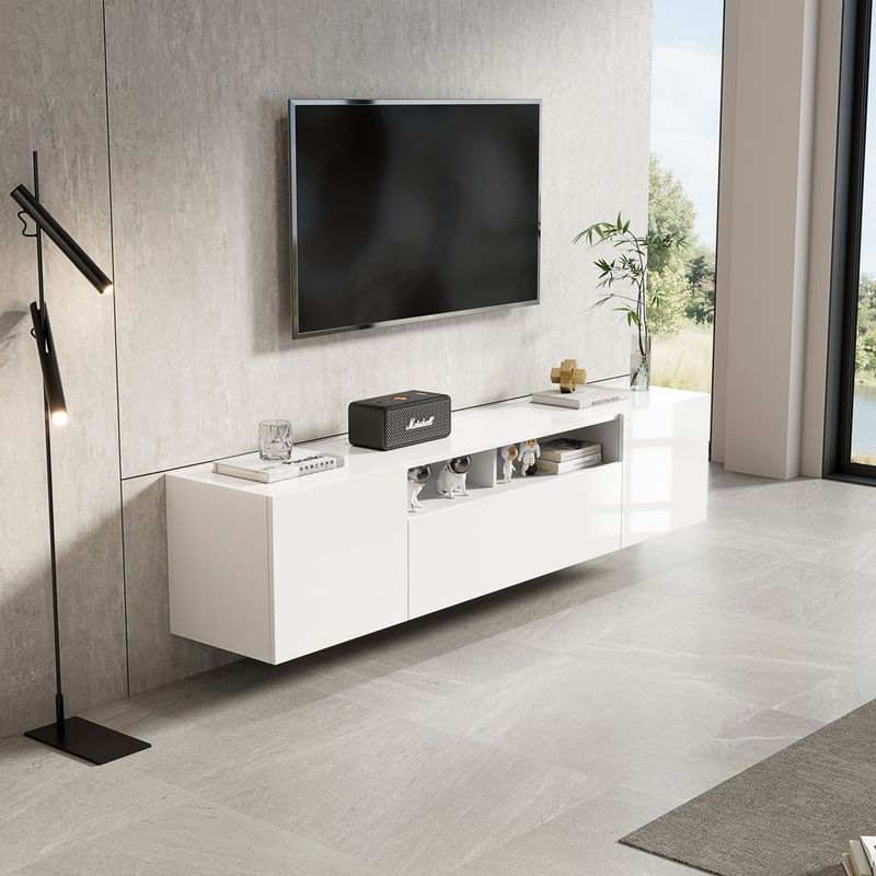 Meuble TV suspendu Dona 180 cm - Blanc Brillant - Réf: Dona-1800GW Blanc Brillant