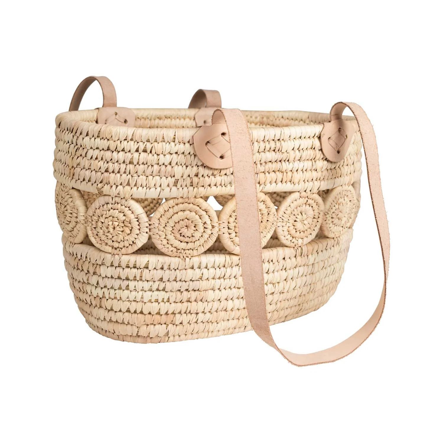 Leather Handled Palm Leaf Shopping Basket