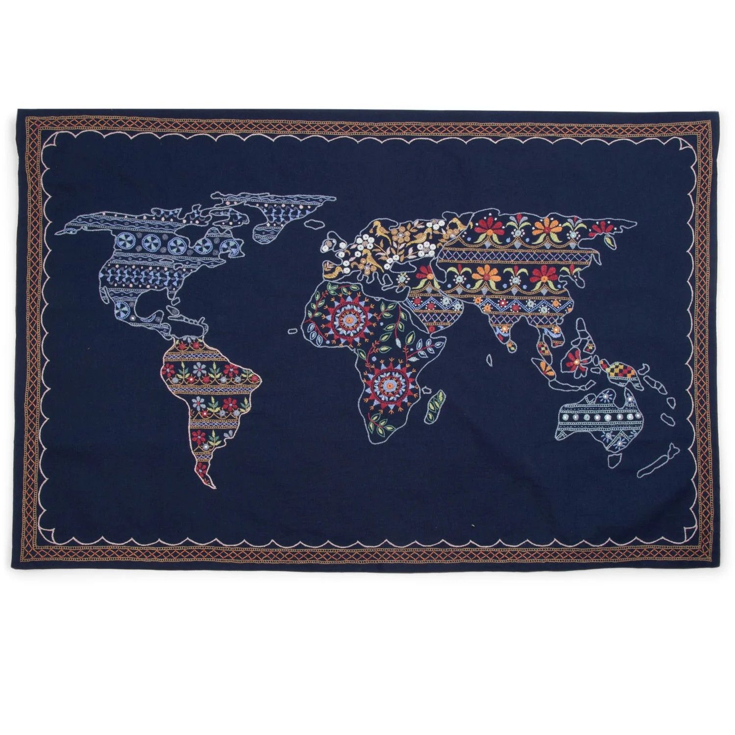 Embroidered World Map Wall Hanging