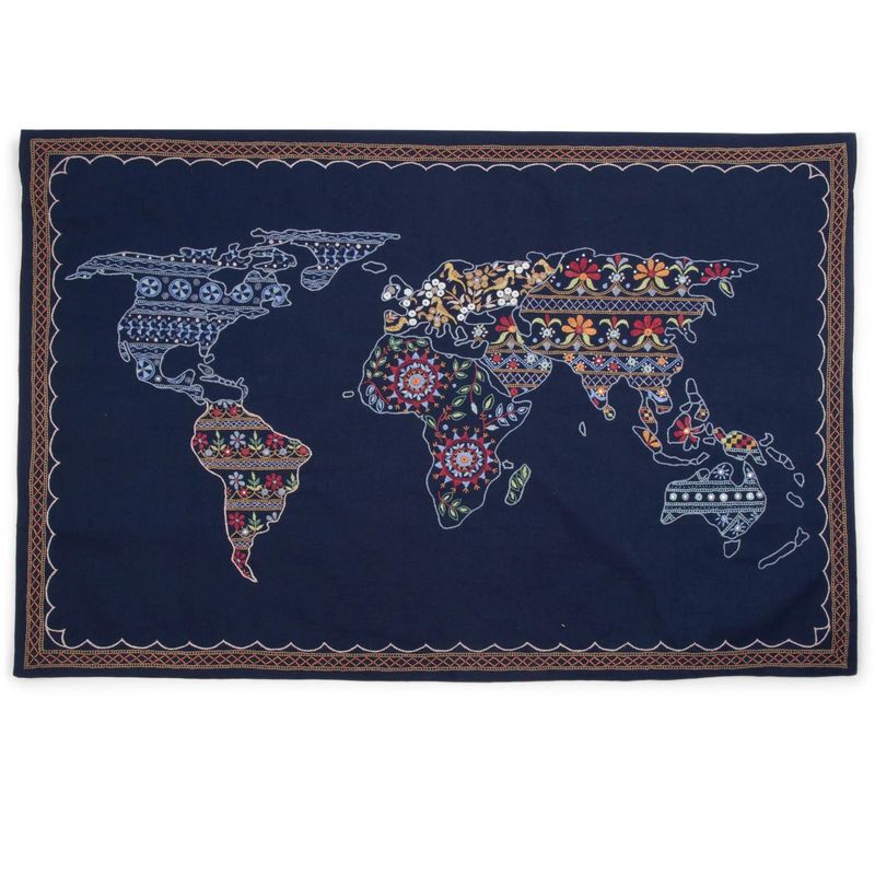 Embroidered World Map Wall Hanging