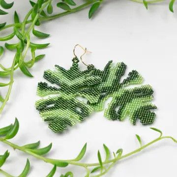 Monstera Palm Leaf Glass Bead Earrings