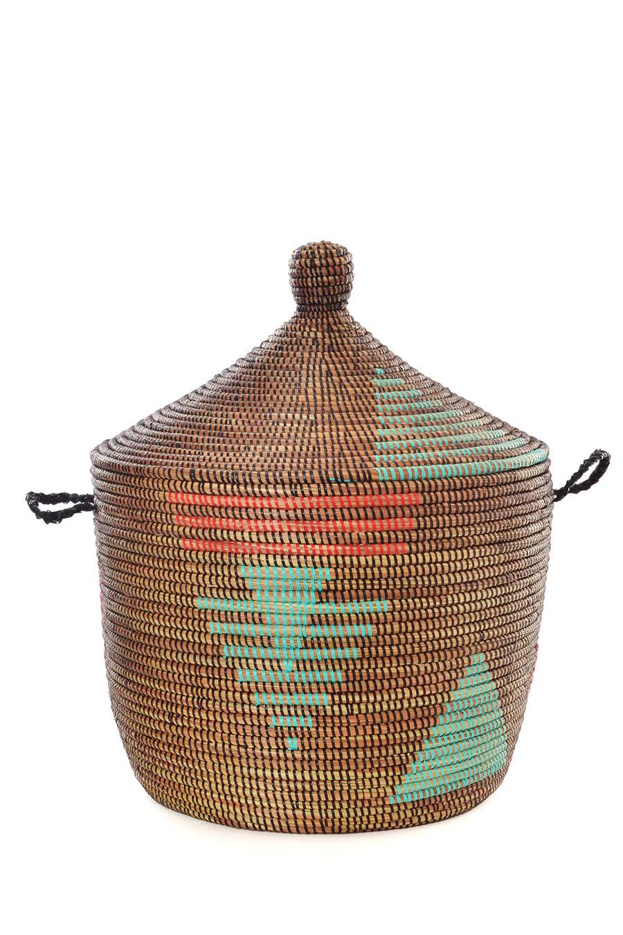 Basket Lidded Red &amp; Aqua Tribal Design