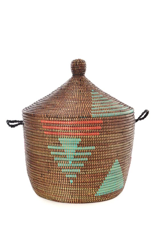Basket Lidded Red &amp; Aqua Tribal Design