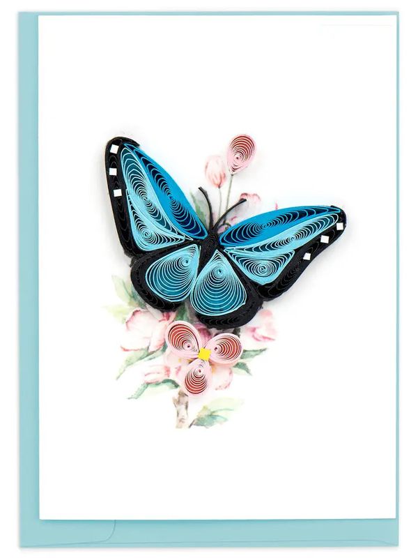 Blue Butterfly &amp; Pink Flowers Quilled Gift Enclosure Card