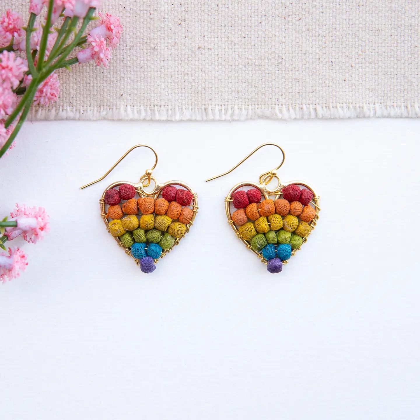 Milieu Kantha Rainbow Heart Earrings