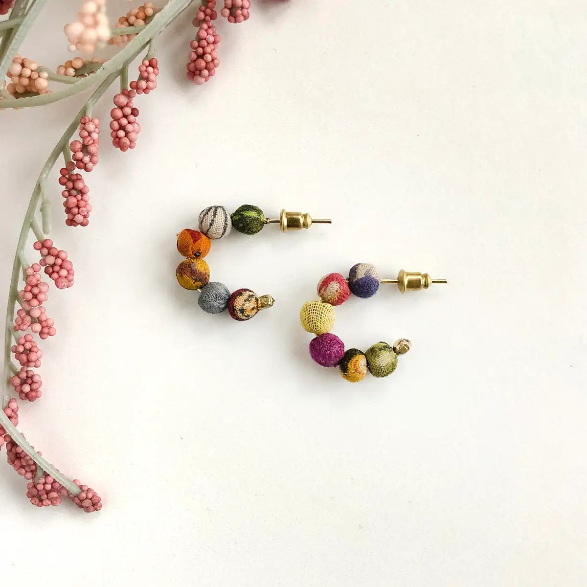 Tiny Hoop Kantha Post Earrings