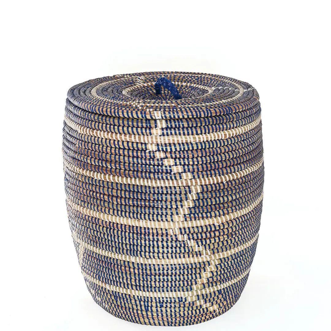 Basket Blue &amp; White Beveled Block Flat Lid Hamper Small